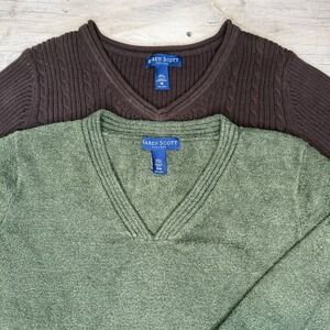 Lot‎ Of 2 Karen Scott V-Neck Sweaters Green Brown Size M EUC